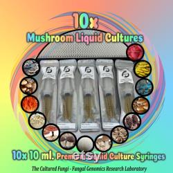 10 Pack Mushroom Liquid Cultures (Commercial Grade Premium Genetics, Gourmet and Medicinal) 10 ml Each Your Choice 14 Species Available