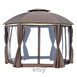 12 x 12 Round Outdoor Patio Gazebo Canopy with 2-Tier Roof, Netting Sidewalls, and Strong Steel Frame, Brown