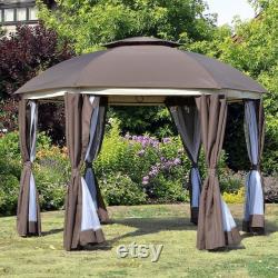 12 x 12 Round Outdoor Patio Gazebo Canopy with 2-Tier Roof, Netting Sidewalls, and Strong Steel Frame, Brown