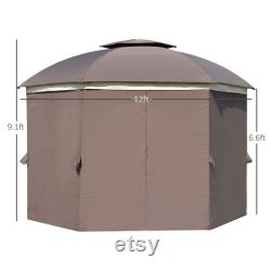 12 x 12 Round Outdoor Patio Gazebo Canopy with 2-Tier Roof, Netting Sidewalls, and Strong Steel Frame, Brown