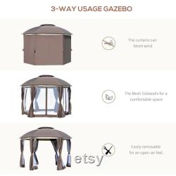 12 x 12 Round Outdoor Patio Gazebo Canopy with 2-Tier Roof, Netting Sidewalls, and Strong Steel Frame, Brown