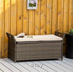 27 Gallon Patio Wicker Storage Bench, Outdoor PE Rattan Patio Furniture, 2-in-1 Large Capacity Footstool Rectangle Basket Box, Cream White