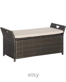 27 Gallon Patio Wicker Storage Bench, Outdoor PE Rattan Patio Furniture, 2-in-1 Large Capacity Footstool Rectangle Basket Box, Cream White