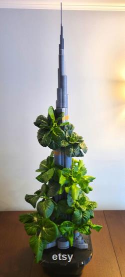 3D Printed Burj Khalifa Inspired Hydroponics Tower pump grow plugs nutrient solution basin