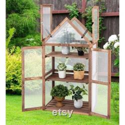 3 Tier Greenhouse Cold Frame Shelf Double Door Portable Fir Wood Plants Seedlings Vegetable Starter Open Roof