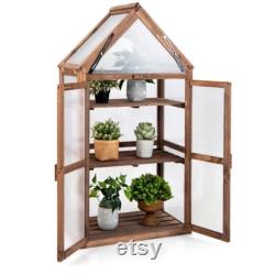 3 Tier Greenhouse Cold Frame Shelf Double Door Portable Fir Wood Plants Seedlings Vegetable Starter Open Roof