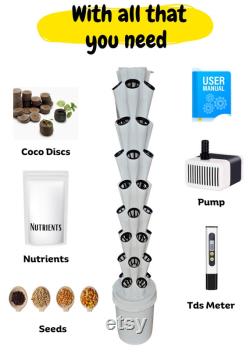 40-Planter Vertical Hydroponic and Aeroponic Tower System with Seeds and Coco Disc Perfect for Home Farming and gardening