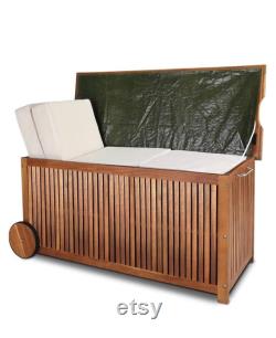46x20x24 Inch Deck Box in Acacia Wood with a water-repellent Tarpaulin I 65 Gallon Wooden Patio Storage Box for Indoor or Outdoor Storage