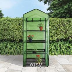 4-Shelf Plants Flowers Herbs Vegetables Gardening Compact Portable Mini Greenhouse with Powder-Coated Steel Frame and Reinforced PVC Cover