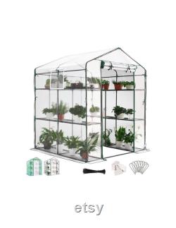 56 x56 x77 Greenhouse Screen Door 3 Windows 3 Tiers 12 Shelves Walk in Portable Plant Tags 10 Stakes 4 Ropes Clear Cover
