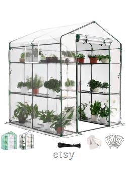 56 x56 x77 Greenhouse Screen Door 3 Windows 3 Tiers 12 Shelves Walk in Portable Plant Tags 10 Stakes 4 Ropes Clear Cover