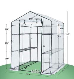 56 x56 x77 Greenhouse Screen Door 3 Windows 3 Tiers 12 Shelves Walk in Portable Plant Tags 10 Stakes 4 Ropes Clear Cover