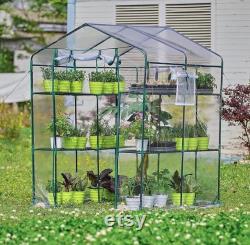 56 x56 x77 Greenhouse Screen Door 3 Windows 3 Tiers 12 Shelves Walk in Portable Plant Tags 10 Stakes 4 Ropes Clear Cover