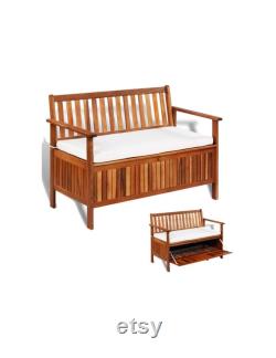 All Weather Outdoor Storage Bench 47.2 Inches Acacia Wood Garden Deck Box with Backrest Cushiond Seat Storage Container