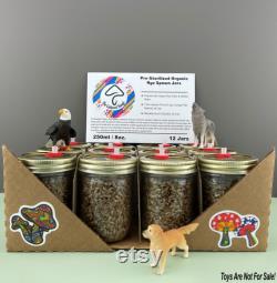 Complete Monotub Grow Kit (Double) 12x Sterile Rye Grain Spawn Jars (250 ml Each) and 4x Sterile CVG Substrate Bags (2 Pounds Each)