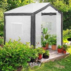 EAGLE PEAK 8 ' x 8 ' Portable Walk-in Greenhouse with Roll-up Zipper Entry Door and 3 Large Roll-Up Screen Windows, White