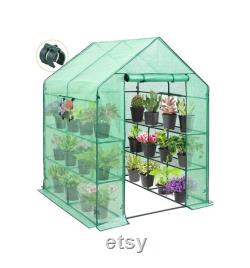 EAGLE PEAK Walk-in Greenhouse 2 Tiers 8 Shelves with Roll-up Zipper Door and 2 Side Mesh Windows 57'' x 57'' x 77'' , Green