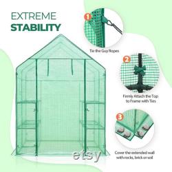 EAGLE PEAK Walk-in Greenhouse 2 Tiers 8 Shelves with Roll-up Zipper Door and 2 Side Mesh Windows 57'' x 57'' x 77'' , Green