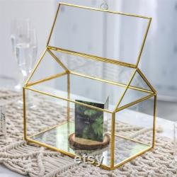 Handmade Gold House Shape Glass Geometric Terrarium Card Wishwell Reception Box for Wedding Ceromony
