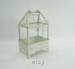 Indoor Greenhouse, Shabby Chic White Metal Greenhouse, Planter, Terrarium, Glass Roof House, Tall Metal Glass Greenhouse, Free USA Ship