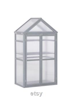 Mini Greenhouse Kit, 32 x 19 x 54 Garden Wood Cold Frame Greenhouse Planter with Adjustable Shelves, Double Doors, Grey Color