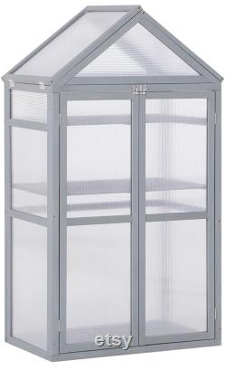 Mini Greenhouse Kit, 32 x 19 x 54 Garden Wood Cold Frame Greenhouse Planter with Adjustable Shelves, Double Doors, Grey Color