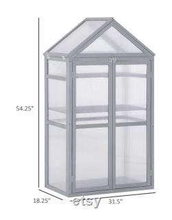 Mini Greenhouse Kit, 32 x 19 x 54 Garden Wood Cold Frame Greenhouse Planter with Adjustable Shelves, Double Doors, Grey Color