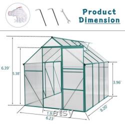 Outdoor Garden Greenhouse, Walk in Polycarbonate Greenhouse, 8.3' x 6.2' x 6.6' Greenhouse with Sliding Door and Rain Gutter