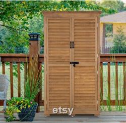 Outdoor Storage Cabinet, Garden Storage Shed, Outside Vertical Shed with Lockers, Outdoor 63 Inches Wood Tall Shed for Yard (Natural)