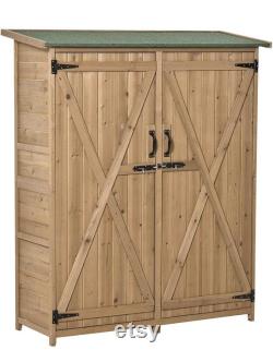 Outdoor Wooden Storage Shed Utility Tool Organizer with Waterproof Asphalt Rood, Lockable Doors, 3 Tier Shelves for Lawn, Garden, Natural