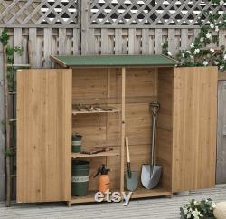 Outdoor Wooden Storage Shed Utility Tool Organizer with Waterproof Asphalt Rood, Lockable Doors, 3 Tier Shelves for Lawn, Garden, Natural