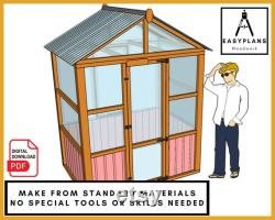 PLANS for Greenhouse 6ft x 4ft (or 8ft), Standard Materials, Gable Roof, Front Opening Door, Rear Window, Includes Staging and Potting table