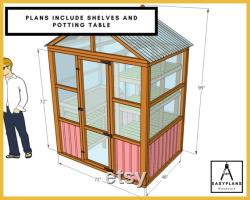 PLANS for Greenhouse 6ft x 4ft (or 8ft), Standard Materials, Gable Roof, Front Opening Door, Rear Window, Includes Staging and Potting table