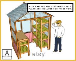 PLANS for Greenhouse 6ft x 4ft (or 8ft), Standard Materials, Gable Roof, Front Opening Door, Rear Window, Includes Staging and Potting table