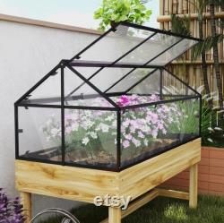 Raised Garden Bed with Cold Frame Greenhouse Elevated Wood Planter Box with Polycarbonate Roof and Vent for Herbs, Flowers, Veggies
