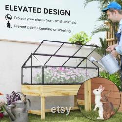 Raised Garden Bed with Cold Frame Greenhouse Elevated Wood Planter Box with Polycarbonate Roof and Vent for Herbs, Flowers, Veggies