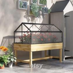 Raised Garden Bed with Cold Frame Greenhouse Elevated Wood Planter Box with Polycarbonate Roof and Vent for Herbs, Flowers, Veggies