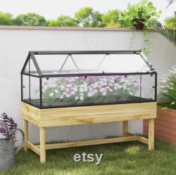 Raised Garden Bed with Cold Frame Greenhouse Elevated Wood Planter Box with Polycarbonate Roof and Vent for Herbs, Flowers, Veggies