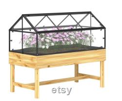 Raised Garden Bed with Cold Frame Greenhouse Elevated Wood Planter Box with Polycarbonate Roof and Vent for Herbs, Flowers, Veggies