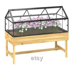 Raised Garden Bed with Cold Frame Greenhouse Elevated Wood Planter Box with Polycarbonate Roof and Vent for Herbs, Flowers, Veggies