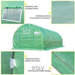 Upgraded 20x10x7 FT Portable Greenhouse 2 Doors 7 Crossbars Large Walk-in Heavy Duty Green Garden Outdoor House 14 Stakes 4 Ropes