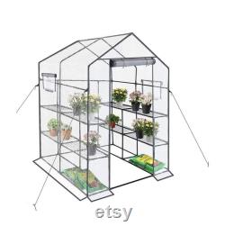 Walk-in Greenhouse with Window,Plant Gardening Green House 2 Tiers and 8 Shelves,L56.5 x W56.5 x H76.5