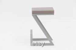 Z Shaped Metal Backless Barstool with Padded Seat, Silver and Gray (3pcs)