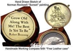 grow old along with me engraved compass with norman rockwell sunset engraving,
